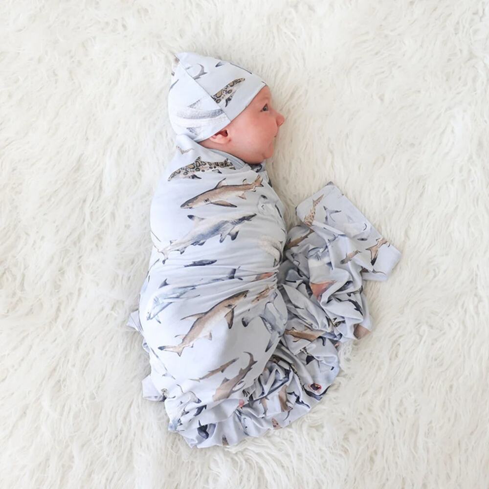 Posh Peanut Maverick Swaddle Shark Print Bamboo Viscose Blanket Grey